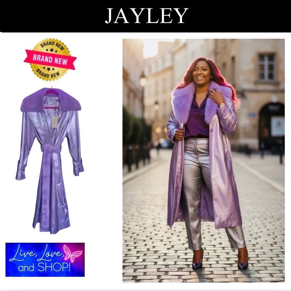 JAYLEY Lilac Faux Leather Metallic Maxi Trench w/Removable Faux Fur & Belt